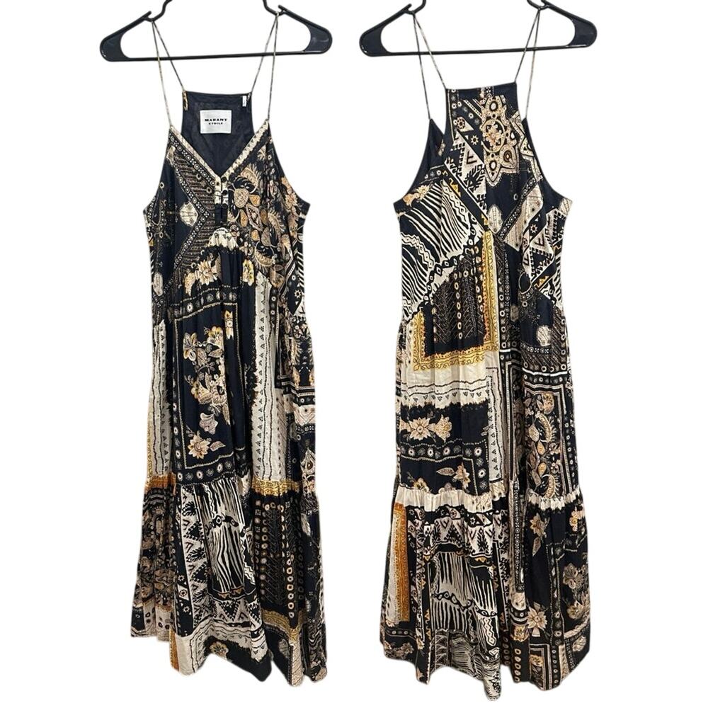 Isabel Marant Etoile Sabba Strappy Bandana Print Midi Dress Black Ochre Size 10‎
